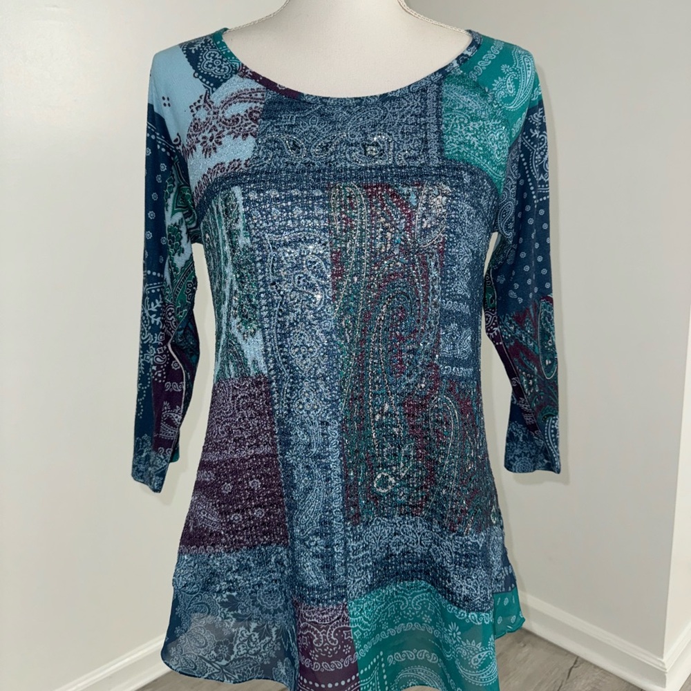 Christopher & Banks Paisley Patchwork Tunic‎ Top Women’s Medium 3/4 Sleeve
